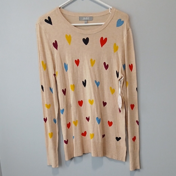 Marled Sweaters - Marled Reunited Clothing Tan Heart Print Lightweight Sweater Size Medium NEW